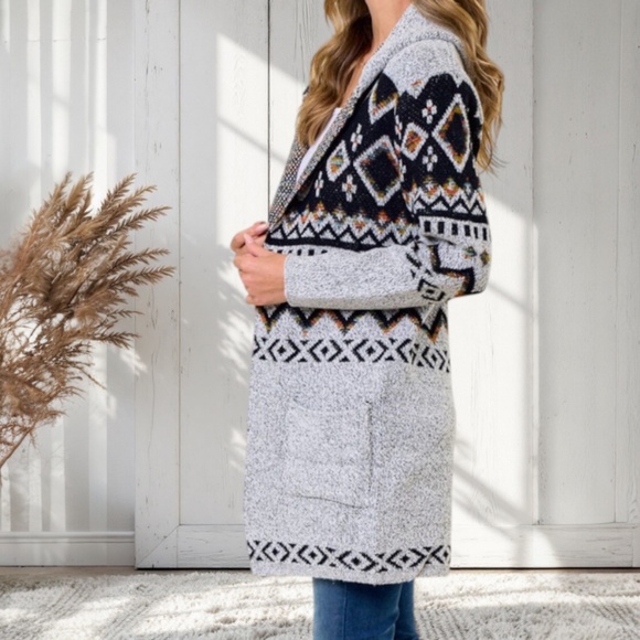 Gray Aztec Rainbow Jacquard Western Knit Hooded Cardigan Sweater w/ Pockets - Picture 2 of 3
